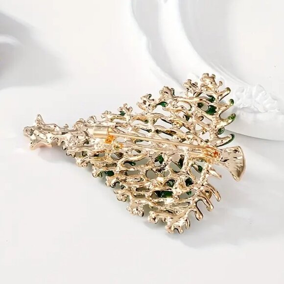 Christmas Tree Brooch Pin with Red Rhinestone Star - NEW - 2.05 in L x 1.61 in W - Picture 2 of 2